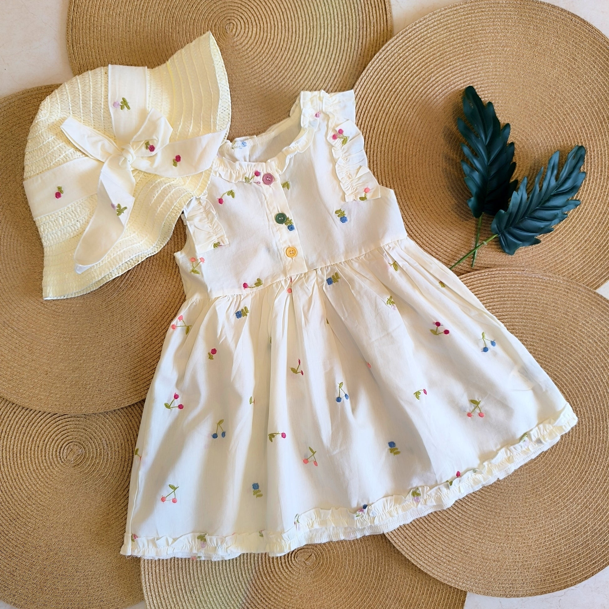 Floral Embroidery Dress + Hat